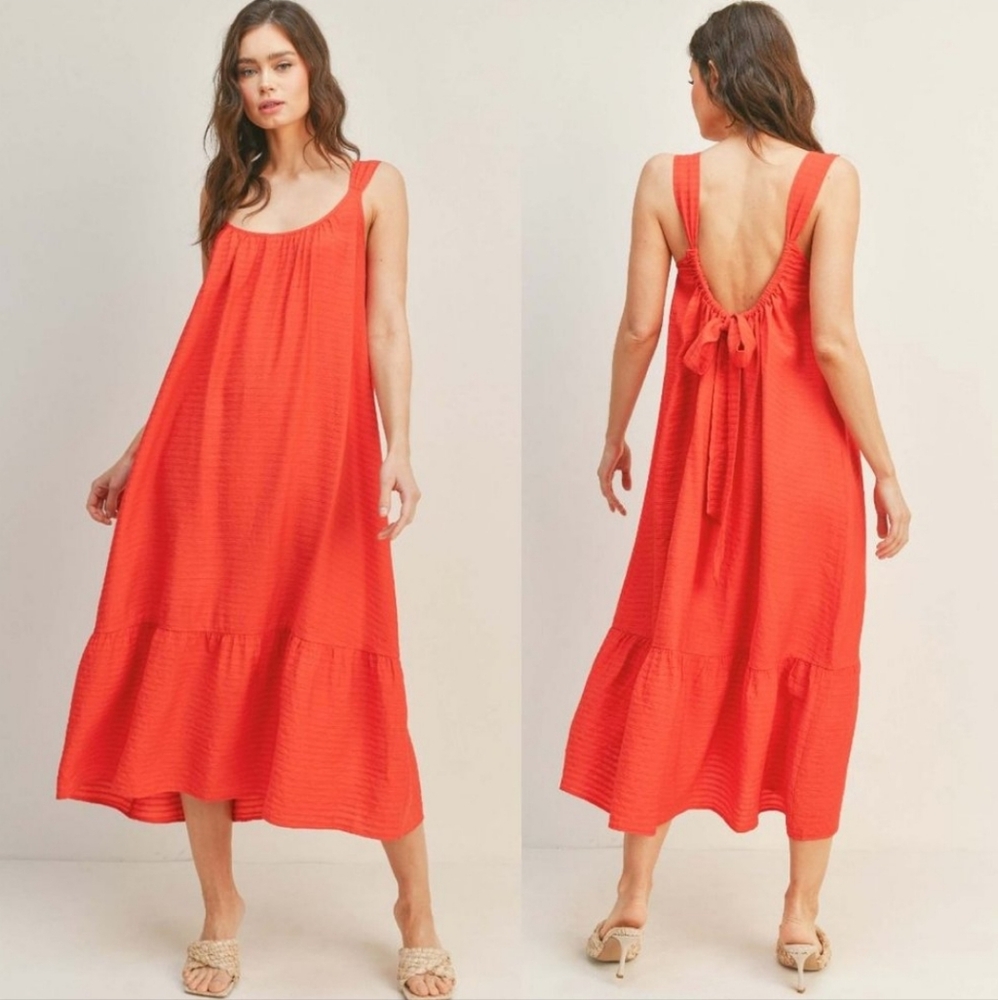 Lush Flowy Long Dress Sleeveless Maxi Red Orange Cotton Bohemian Boho Hippie L